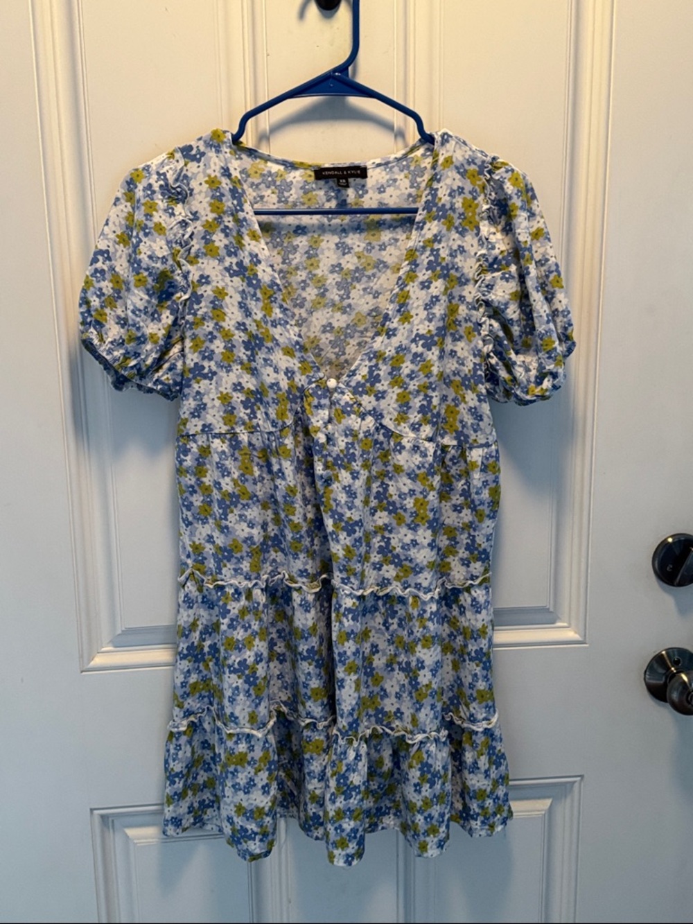 Kendall & Kylie Blue, White and Green Floral Tiered Puff-Sleeve Dress